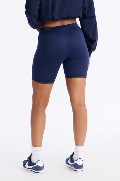 Camille Lace Trim Biker Short - Navy