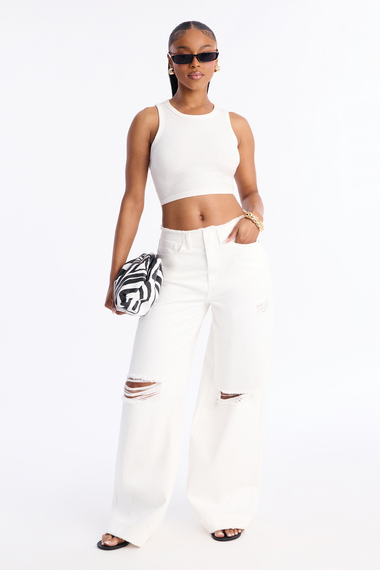 In Your Dreams Ripped Cut Off Waistband Baggy Jean - White