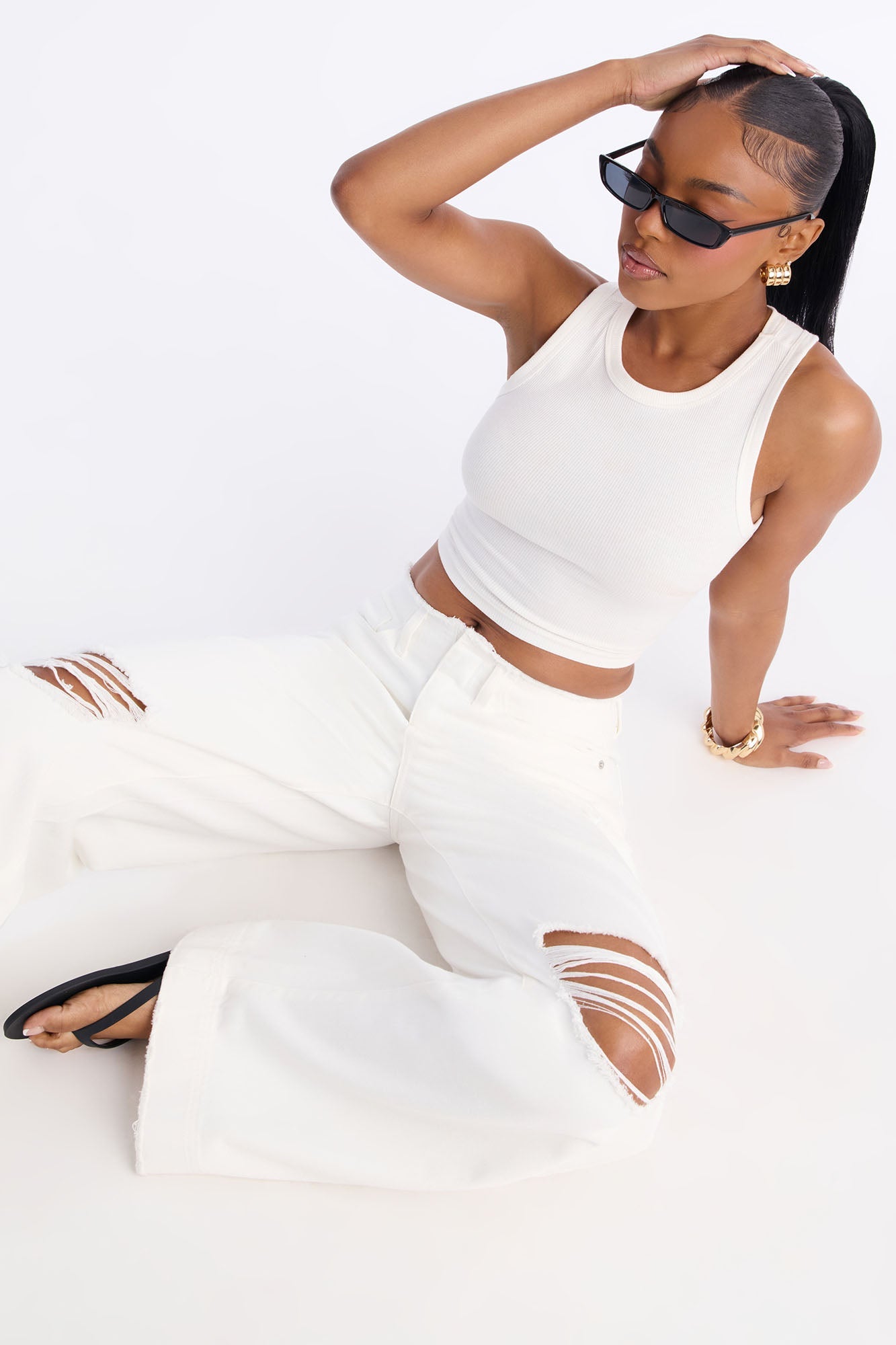 In Your Dreams Ripped Cut Off Waistband Baggy Jean - White