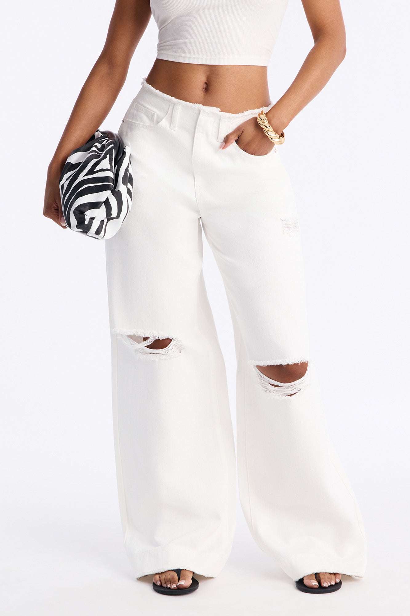 In Your Dreams Ripped Cut Off Waistband Baggy Jean - White