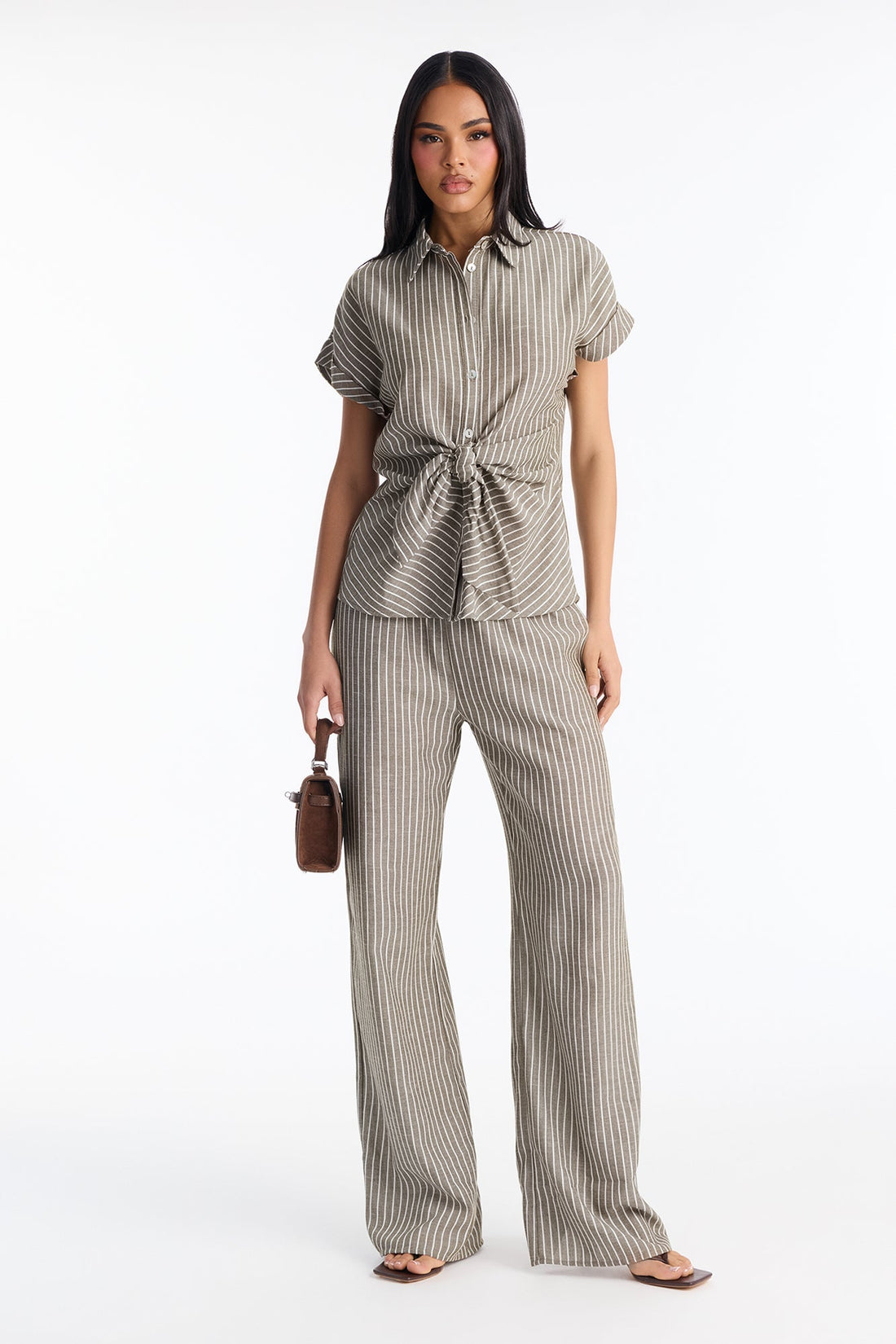 Lily Tie Front Stripe Linen Pant Set - Olive
