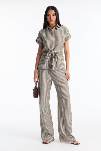 Lily Tie Front Stripe Linen Pant Set - Olive