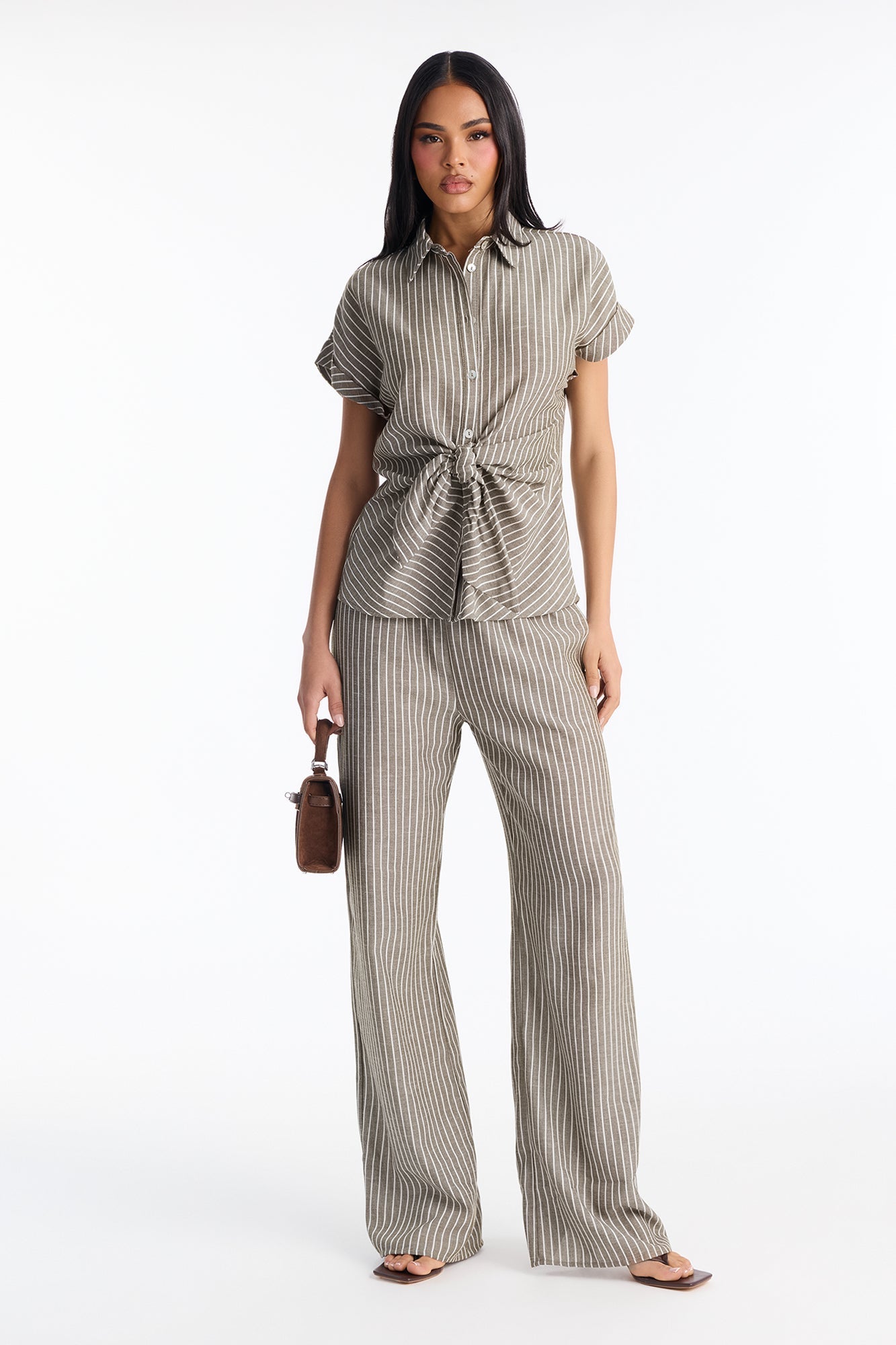 Lily Tie Front Stripe Linen Pant Set - Olive