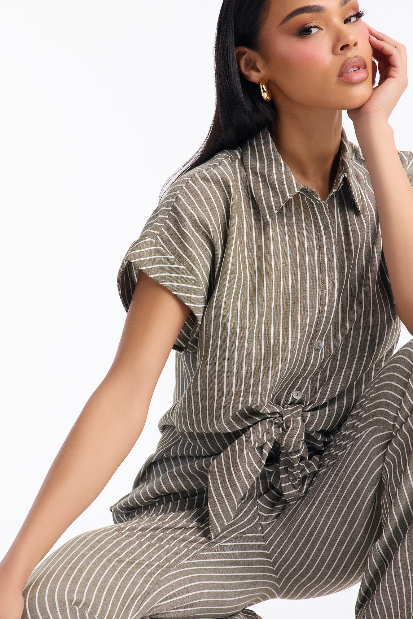 Lily Tie Front Stripe Linen Pant Set - Olive