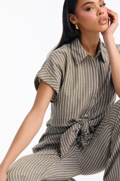 Lily Tie Front Stripe Linen Pant Set - Olive