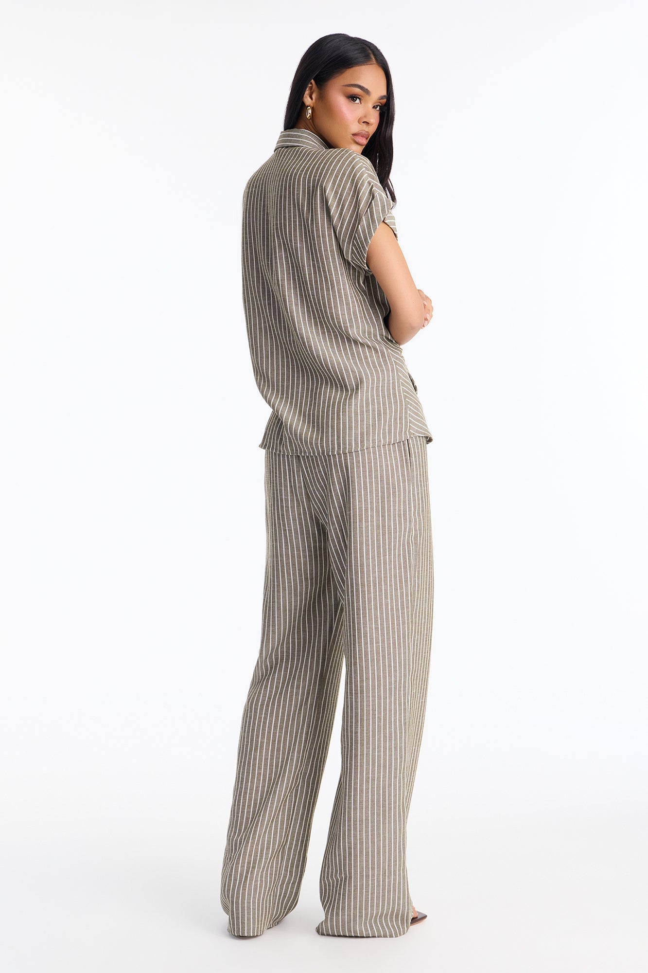 Lily Tie Front Stripe Linen Pant Set - Olive