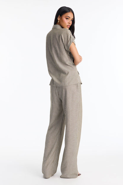 Lily Tie Front Stripe Linen Pant Set - Olive