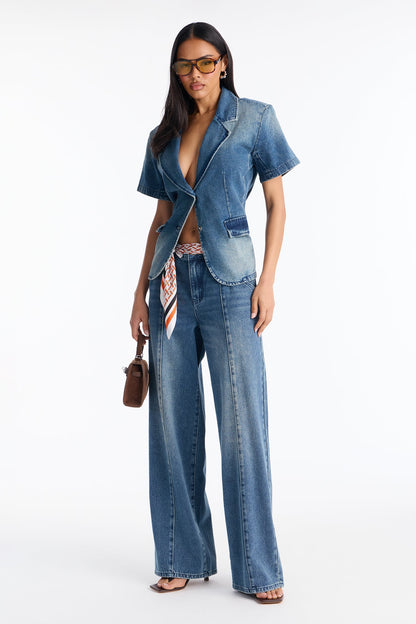 Lisa Short Sleeve Denim Blazer Pant Set - Denim
