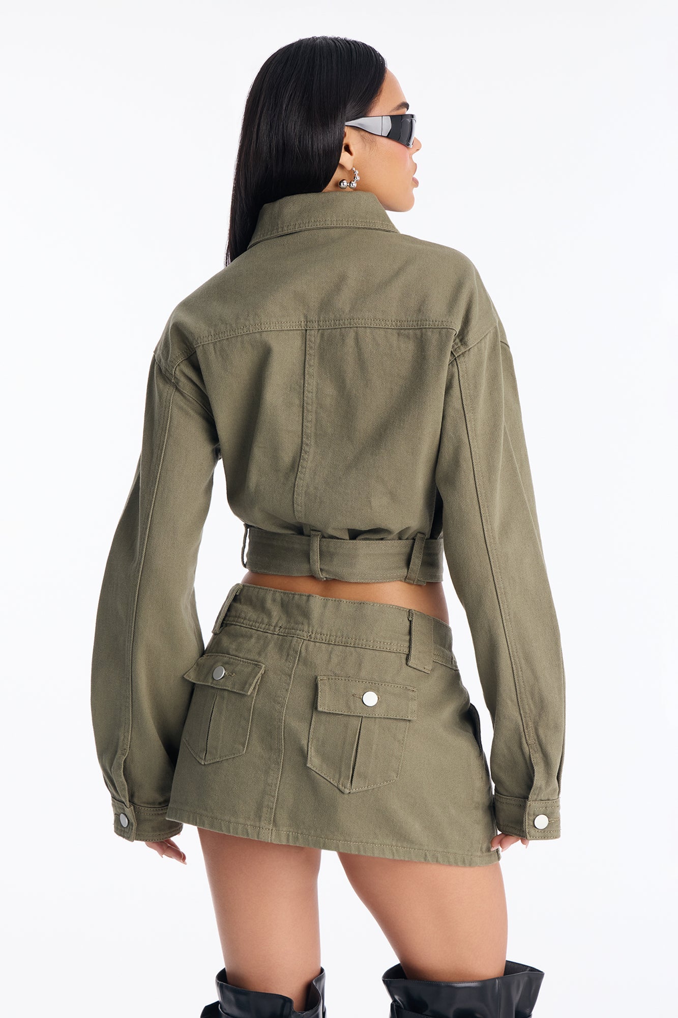 Jane Cargo Denim Mini Skirt Set - Olive