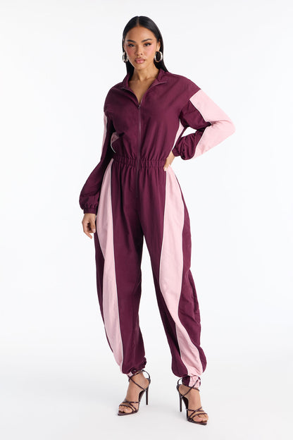 Willow Windbreaker Contrast Trim Jumpsuit - Wine/combo