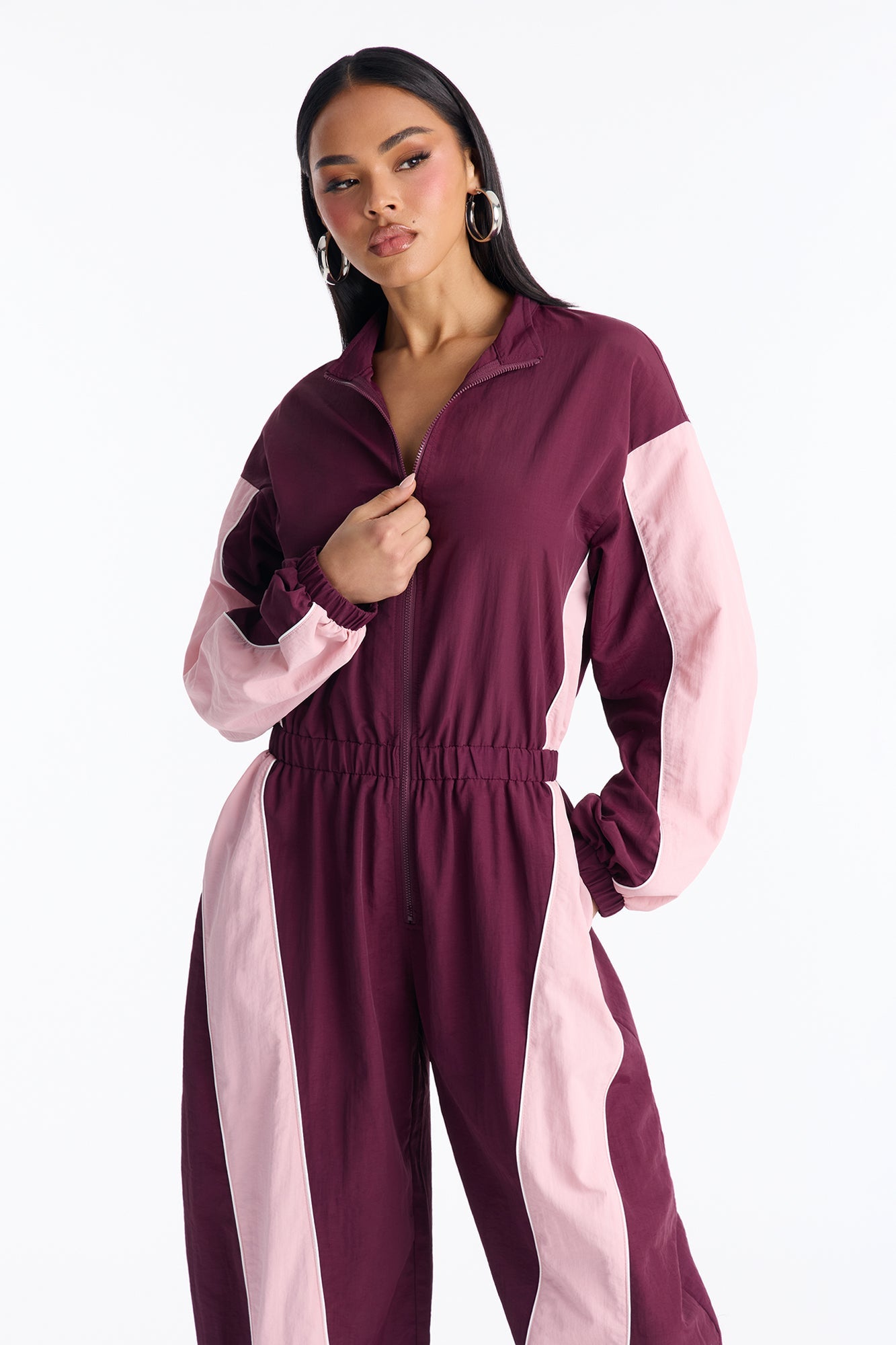 Willow Windbreaker Contrast Trim Jumpsuit - Wine/combo