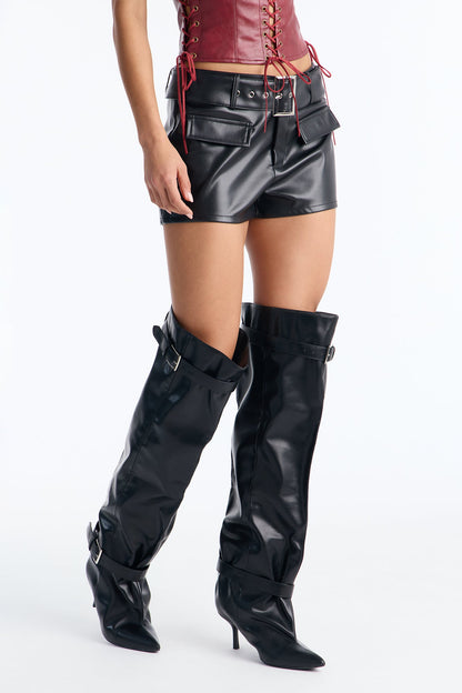 Lyss Belted Faux Leather Hot Short - Black