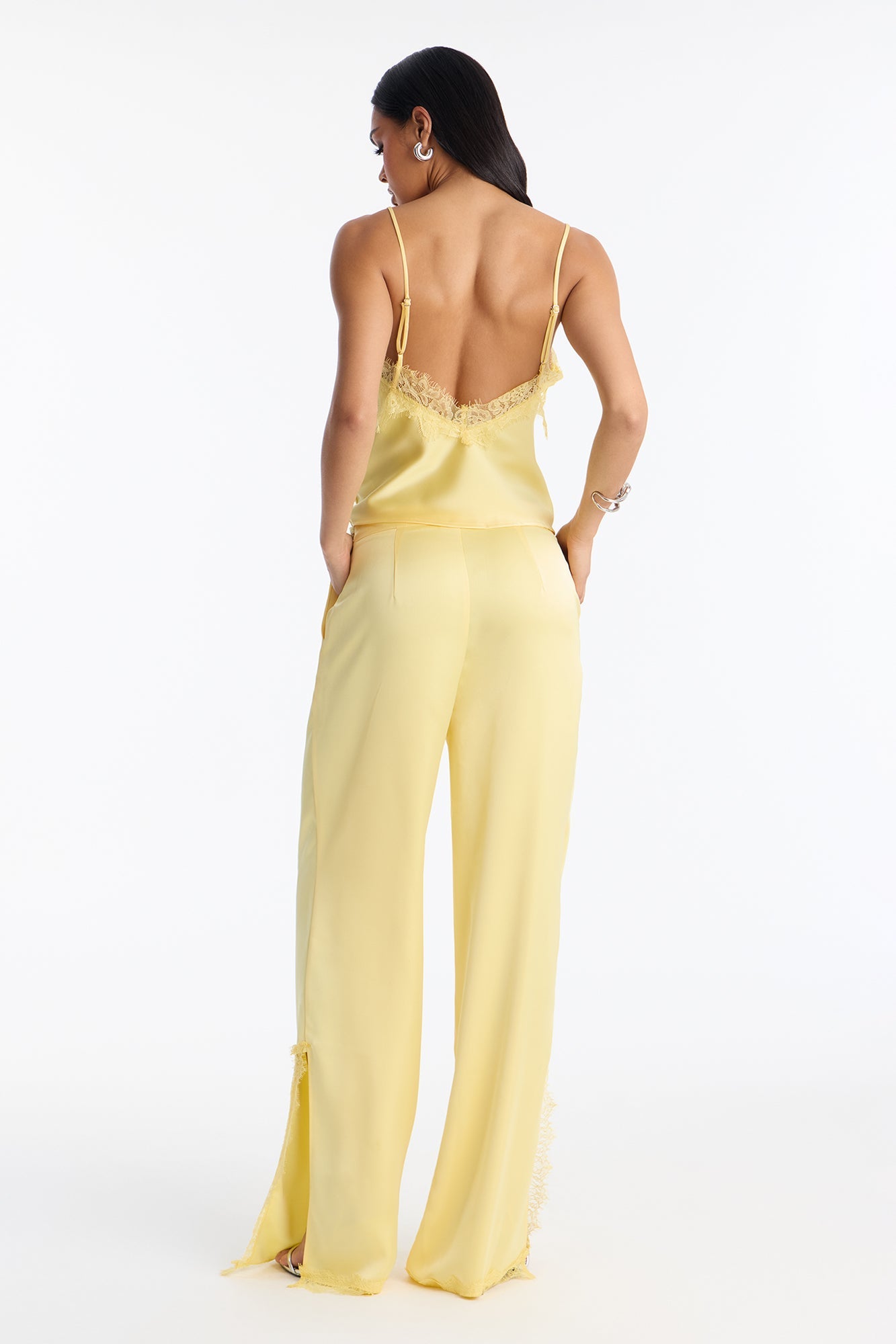 Araiza Satin Lace Trim Pant Set - Yellow