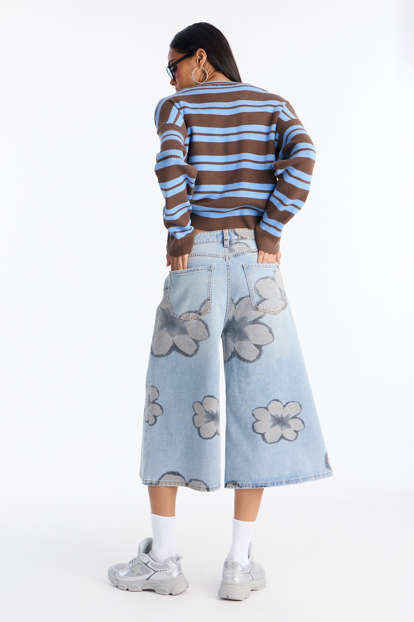 Born To Bloom Wide Leg Culotte Jeans - Light Wash