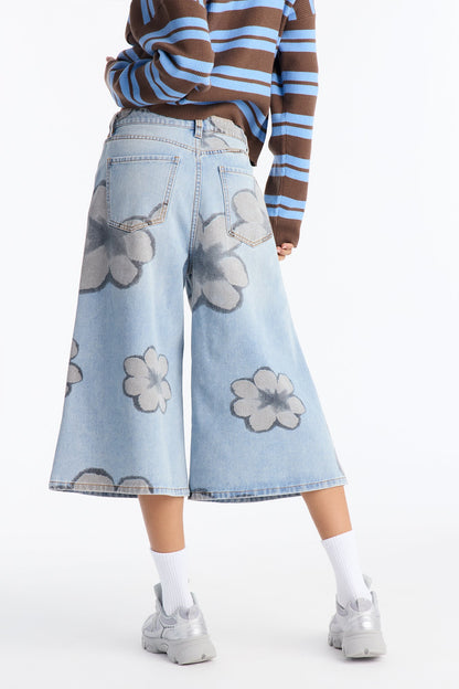 Born To Bloom Wide Leg Culotte Jeans - Light Wash