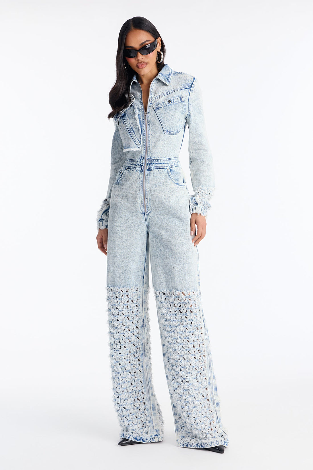 Distressed Diva Wide Leg Denim Jumpsuit - Light Wash
