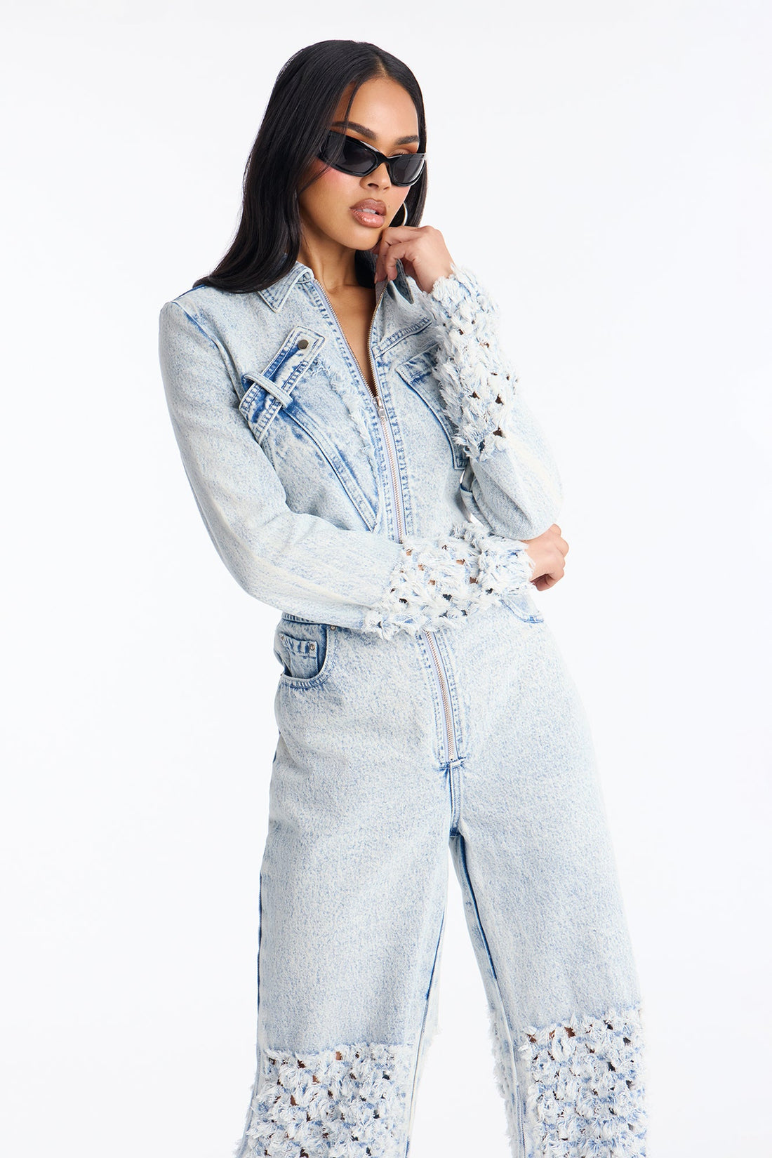 Distressed Diva Wide Leg Denim Jumpsuit - Light Wash