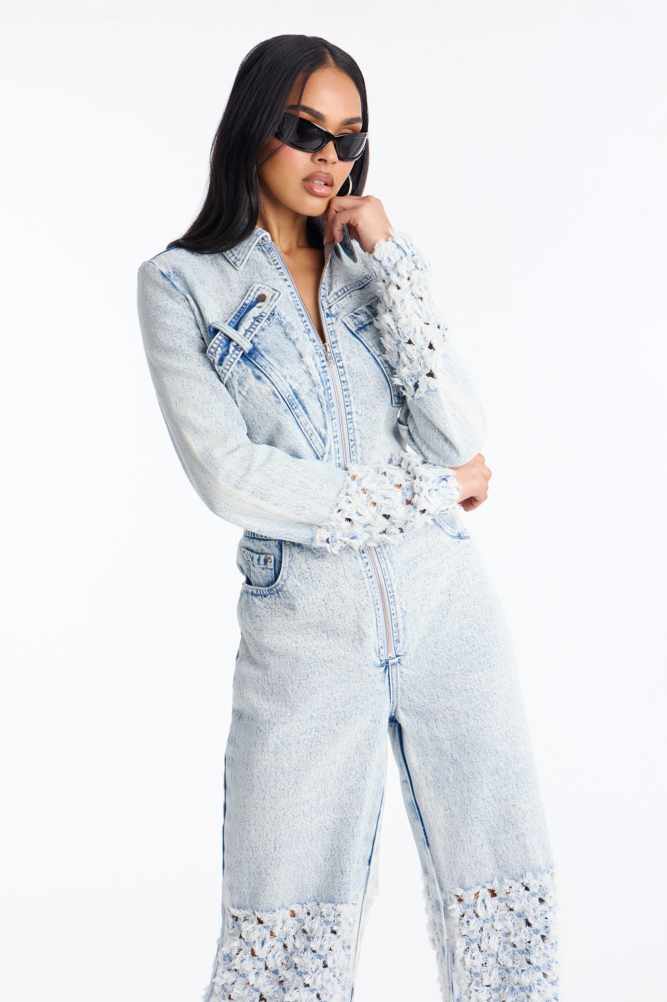Distressed Diva Wide Leg Denim Jumpsuit - Light Wash
