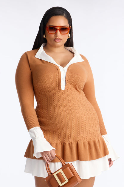 Kiara Peplum Sweater Mini Dress - Mocha