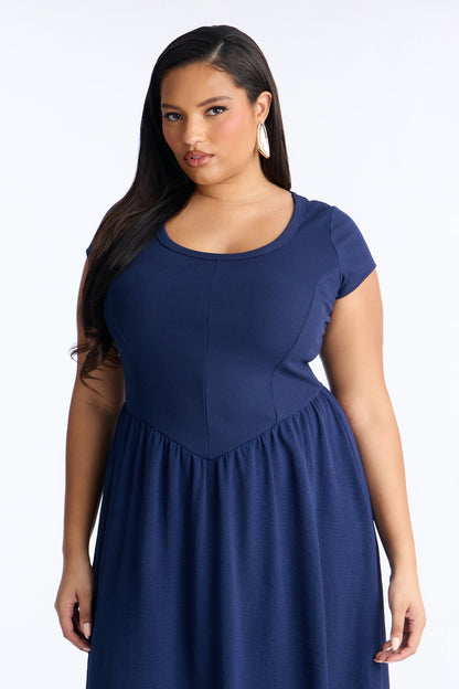 Rosalie Short Sleeve Ribbed Midi Dress - Navy