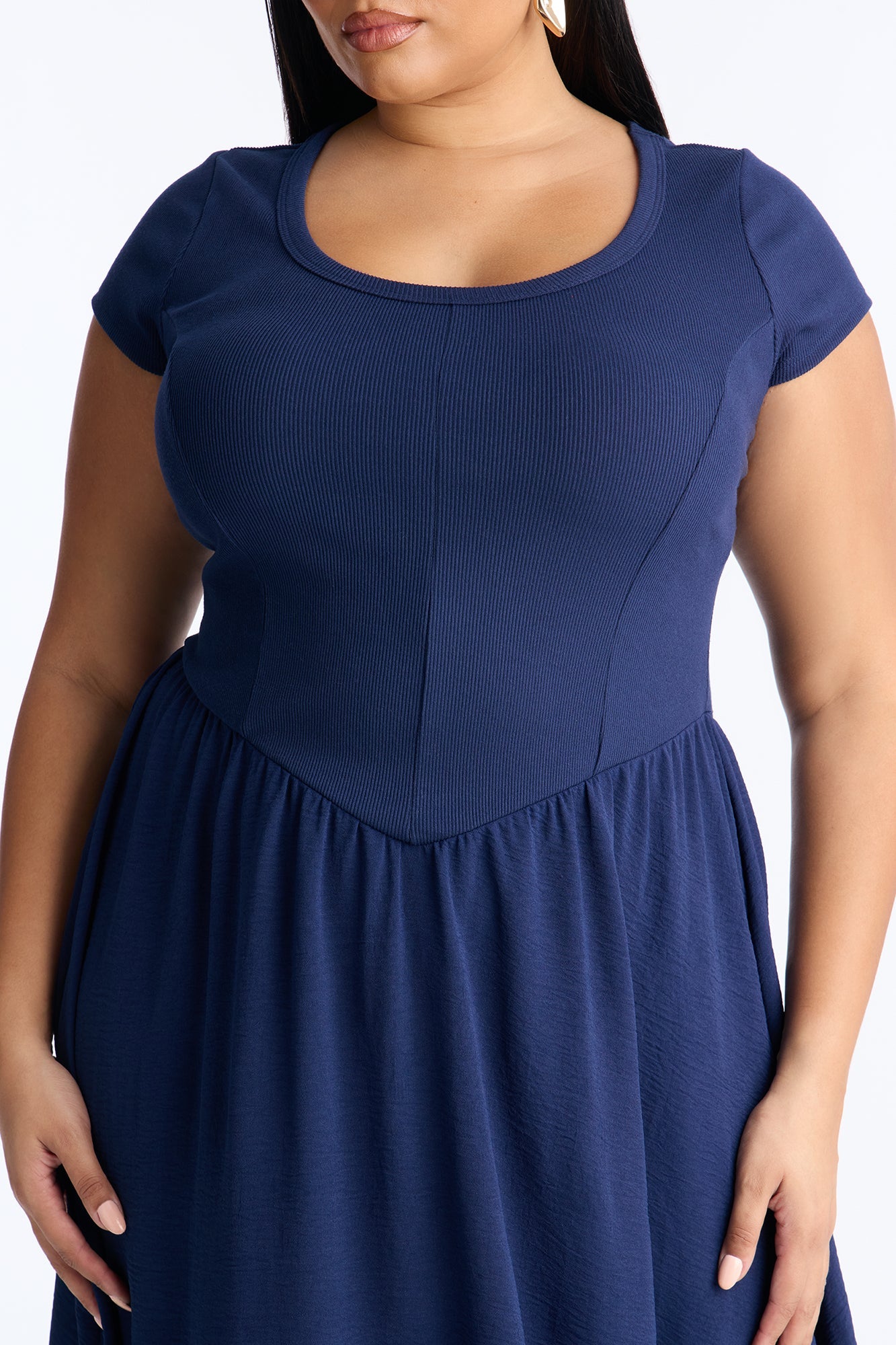 Rosalie Short Sleeve Ribbed Midi Dress - Navy