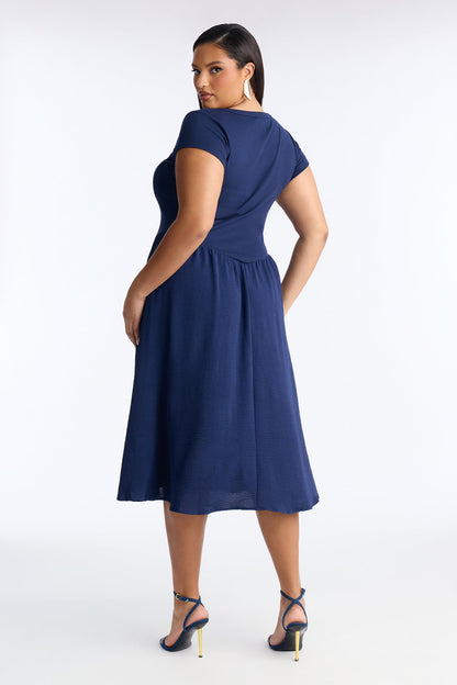 Rosalie Short Sleeve Ribbed Midi Dress - Navy