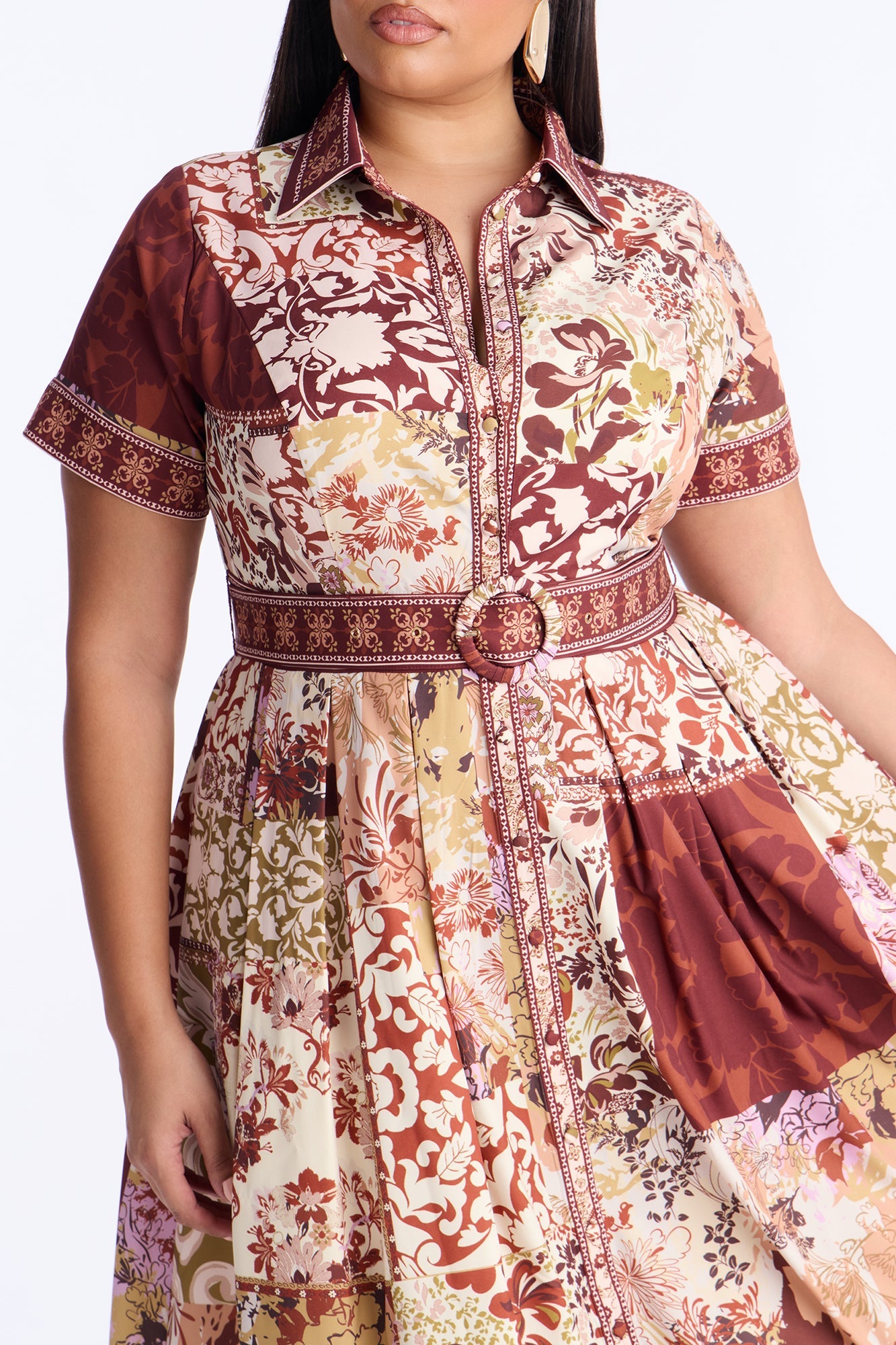 Freya Belted Midi Dress - Burgundy/combo