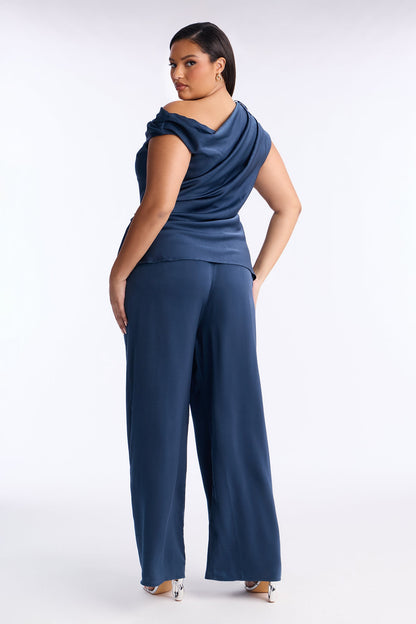 Scarlett Satin Off Shoulder Pant Set - Blue