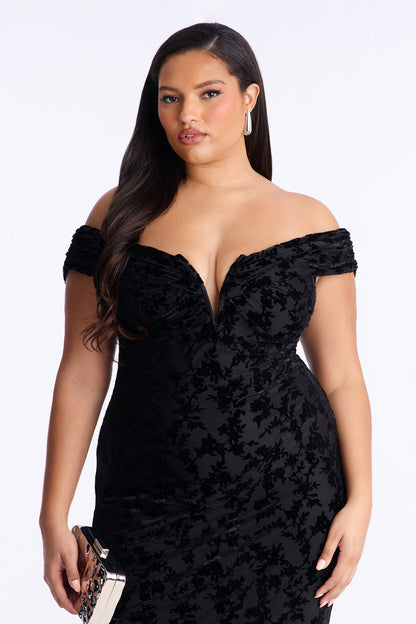 Milena Flocked Mesh Midi Dress - Black