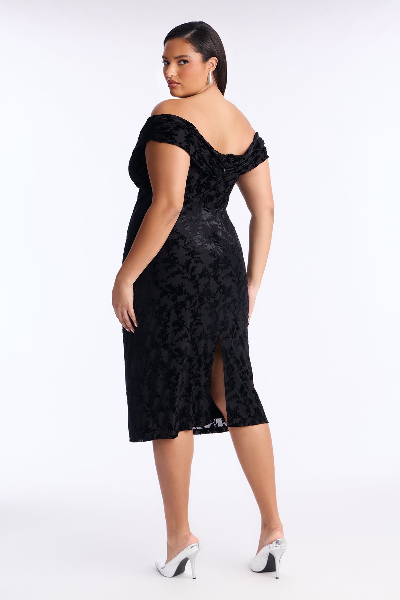 Milena Flocked Mesh Midi Dress - Black