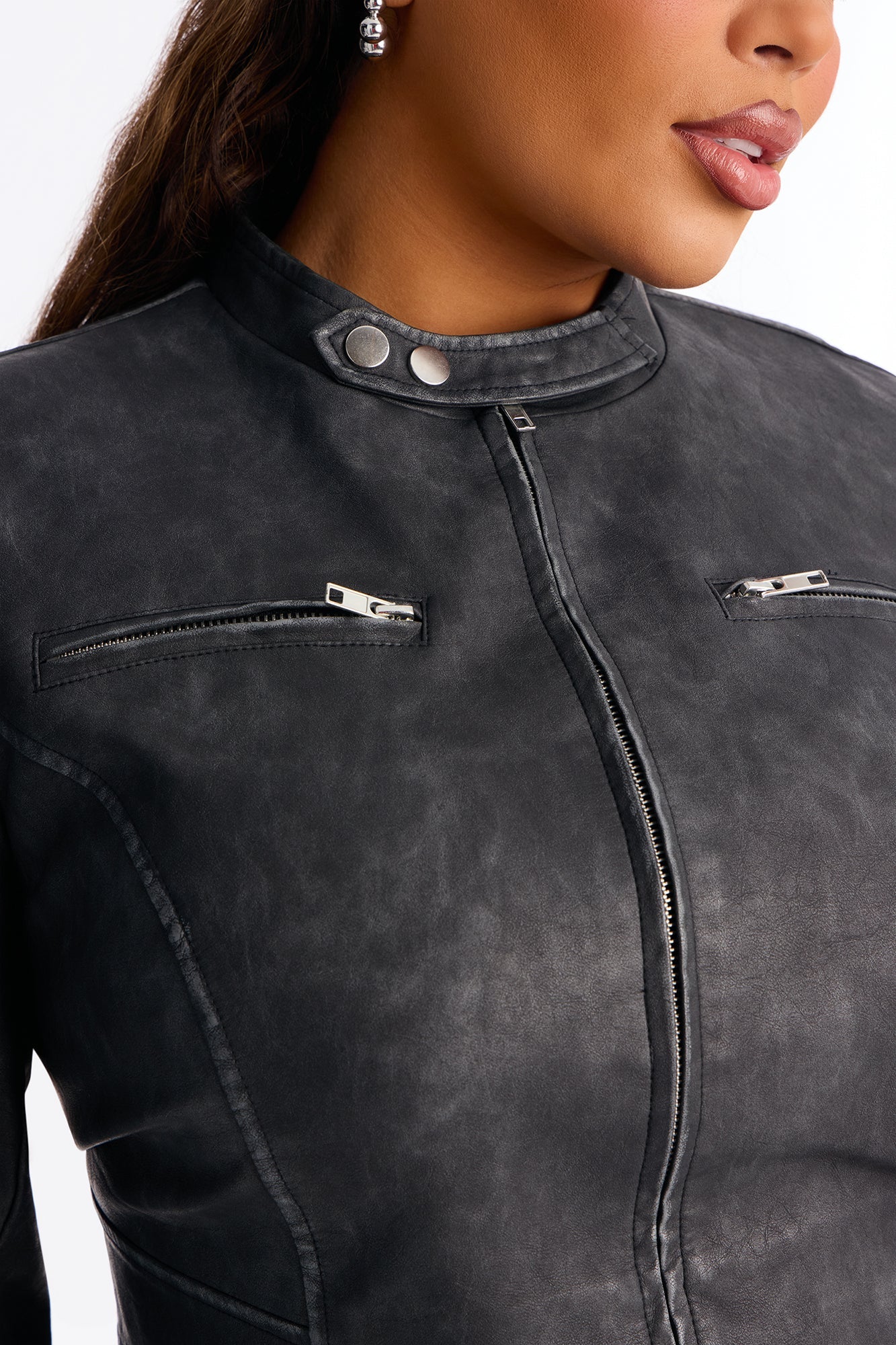 Ines Washed Faux Leather Jacket - Black