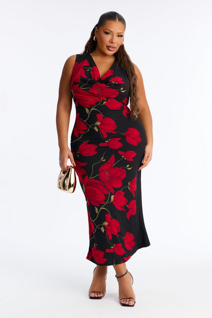 Adriana Floral Chiffon Midi Dress - Black/Red
