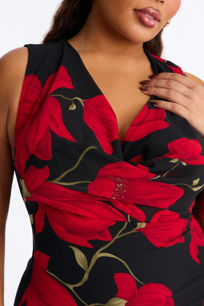 Adriana Floral Chiffon Midi Dress - Black/Red