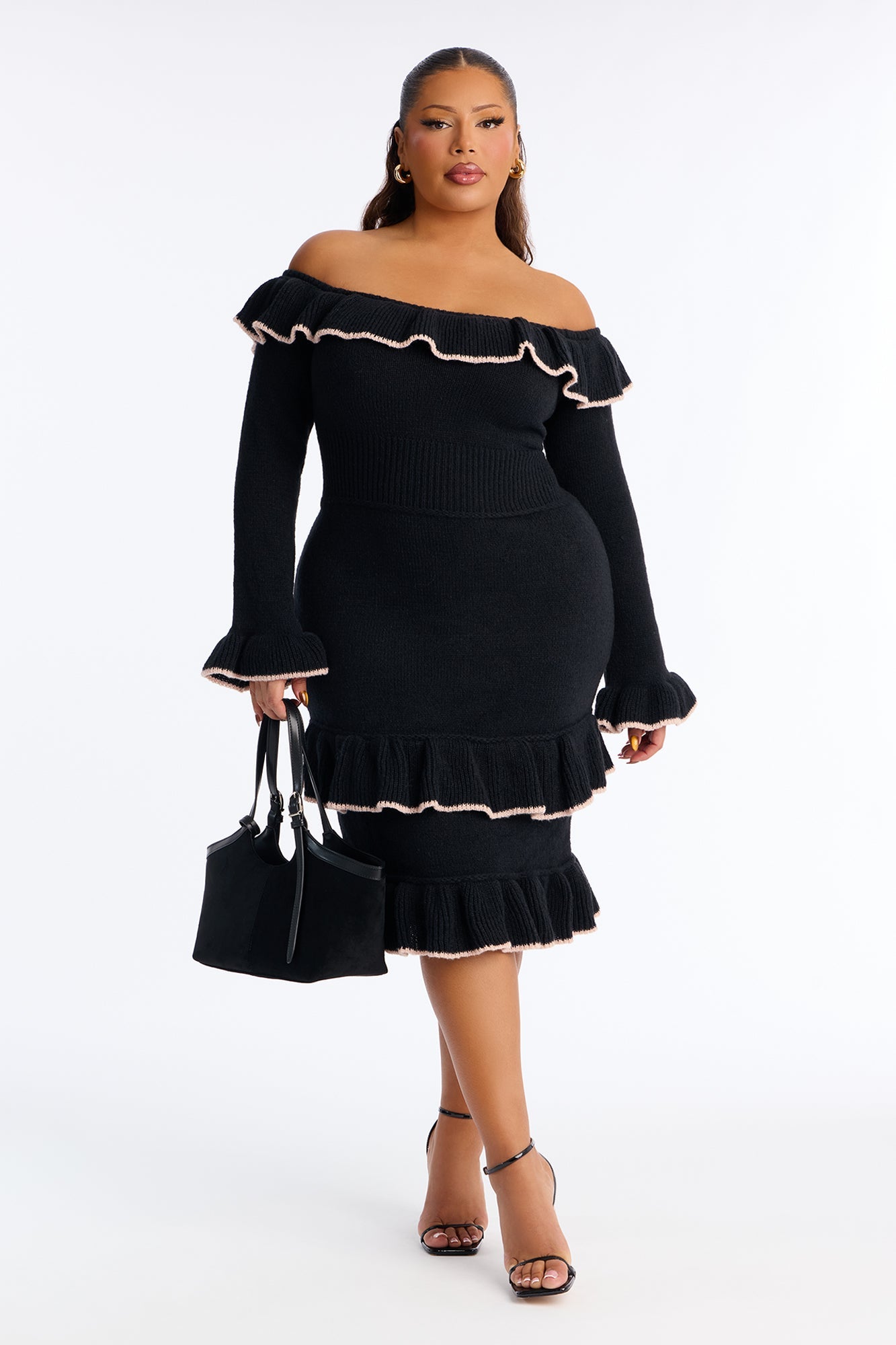 Marianna Ruffle Sweater Midi Dress - Black