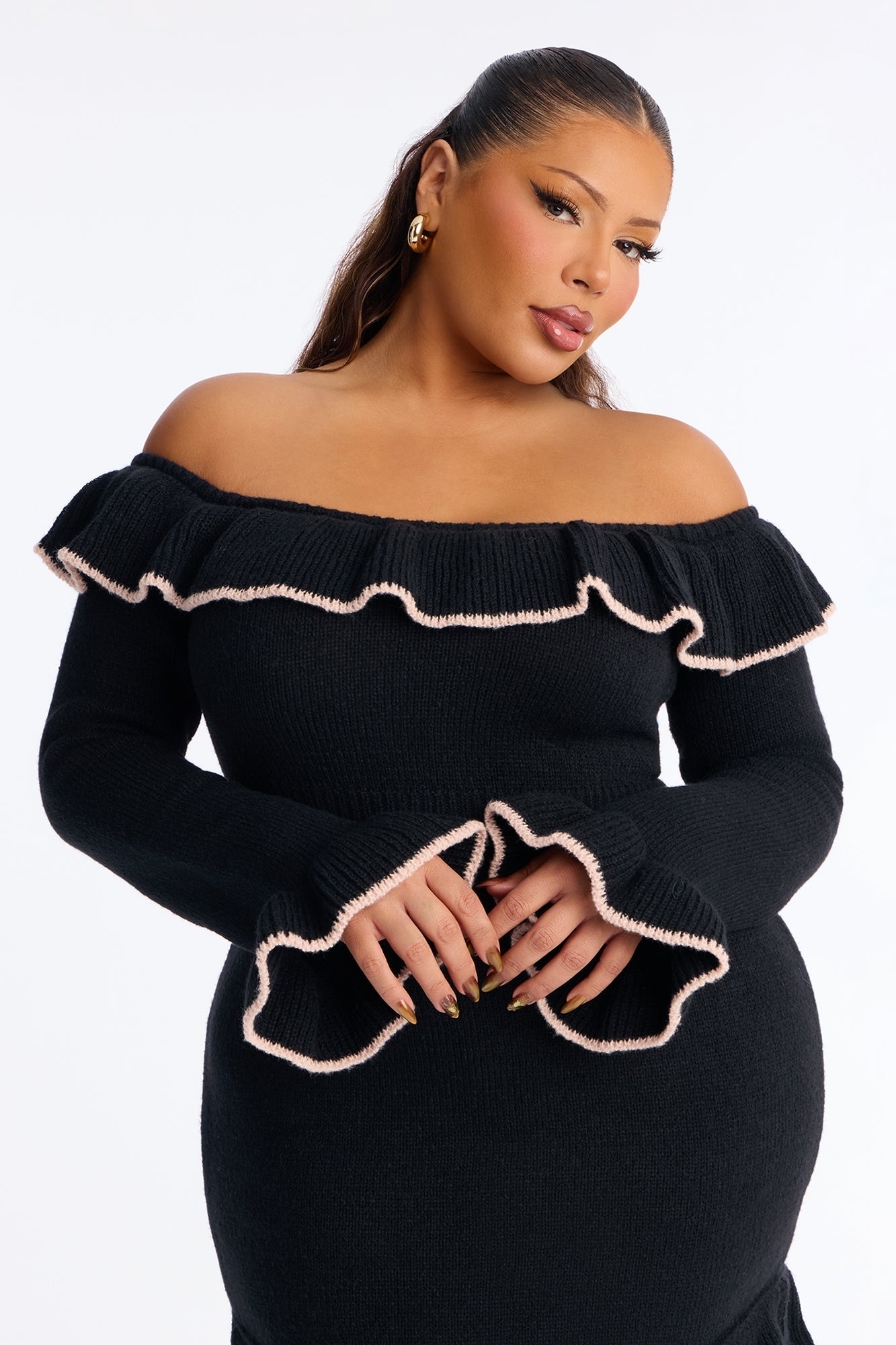 Marianna Ruffle Sweater Midi Dress - Black