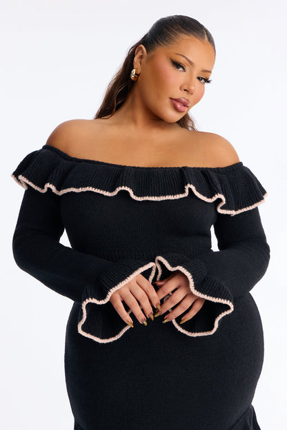 Marianna Ruffle Sweater Midi Dress - Black