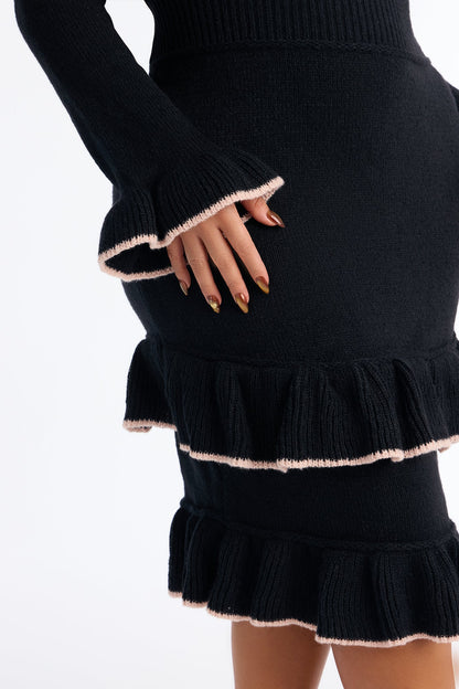 Marianna Ruffle Sweater Midi Dress - Black