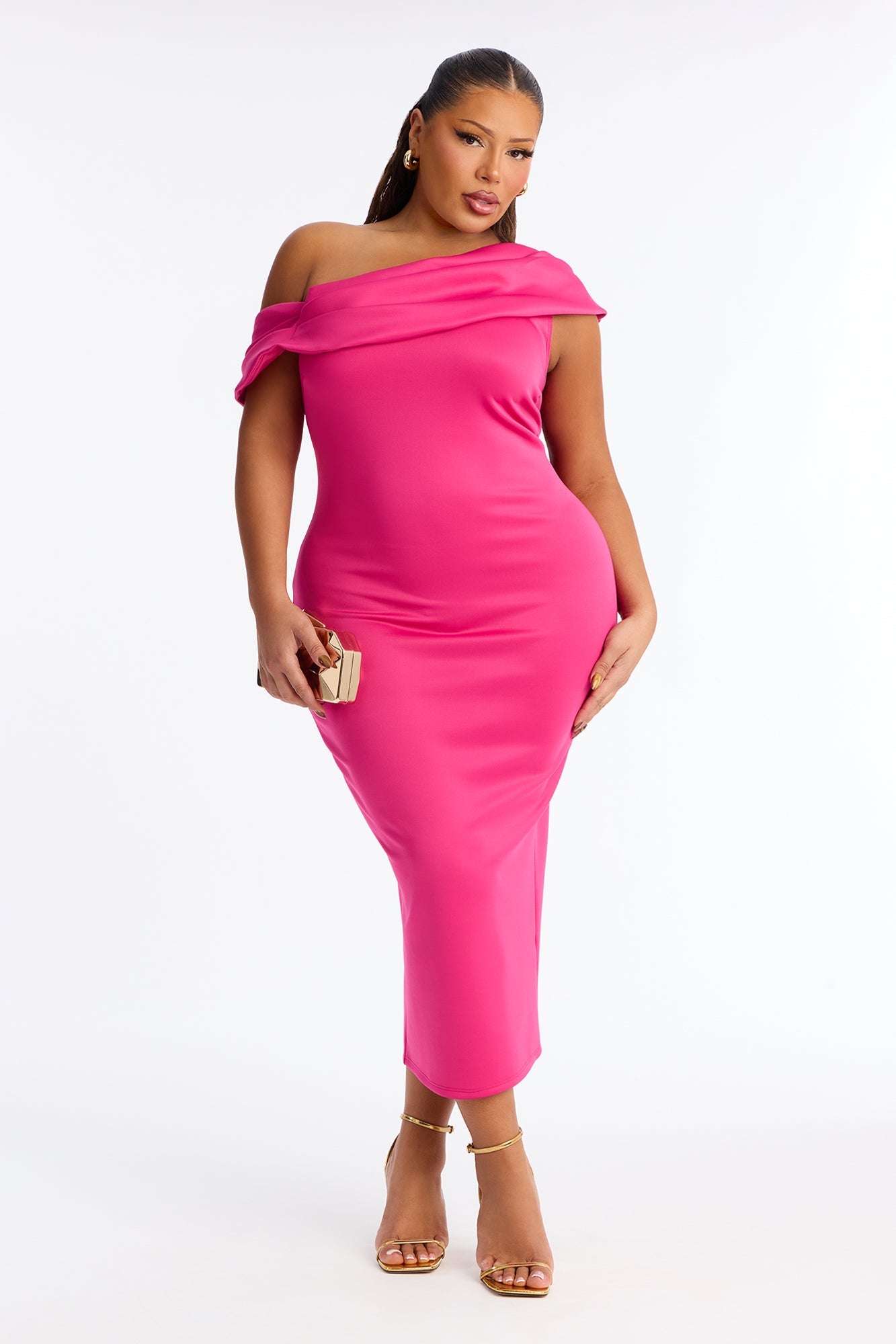 Soraya One Shoulder Scuba Midi Dress - Fuchsia