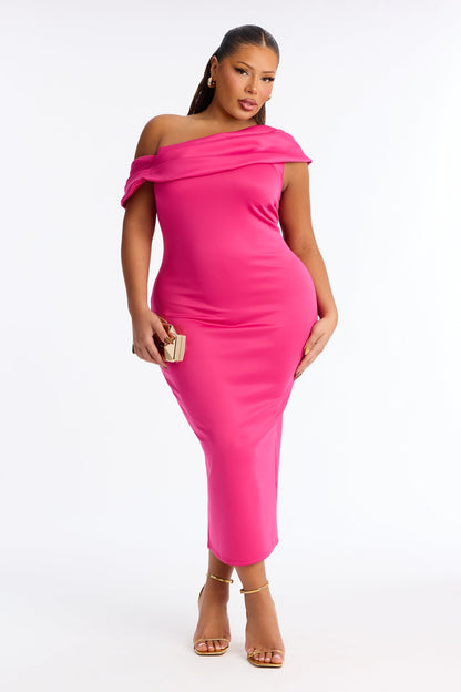 Soraya One Shoulder Scuba Midi Dress - Fuchsia