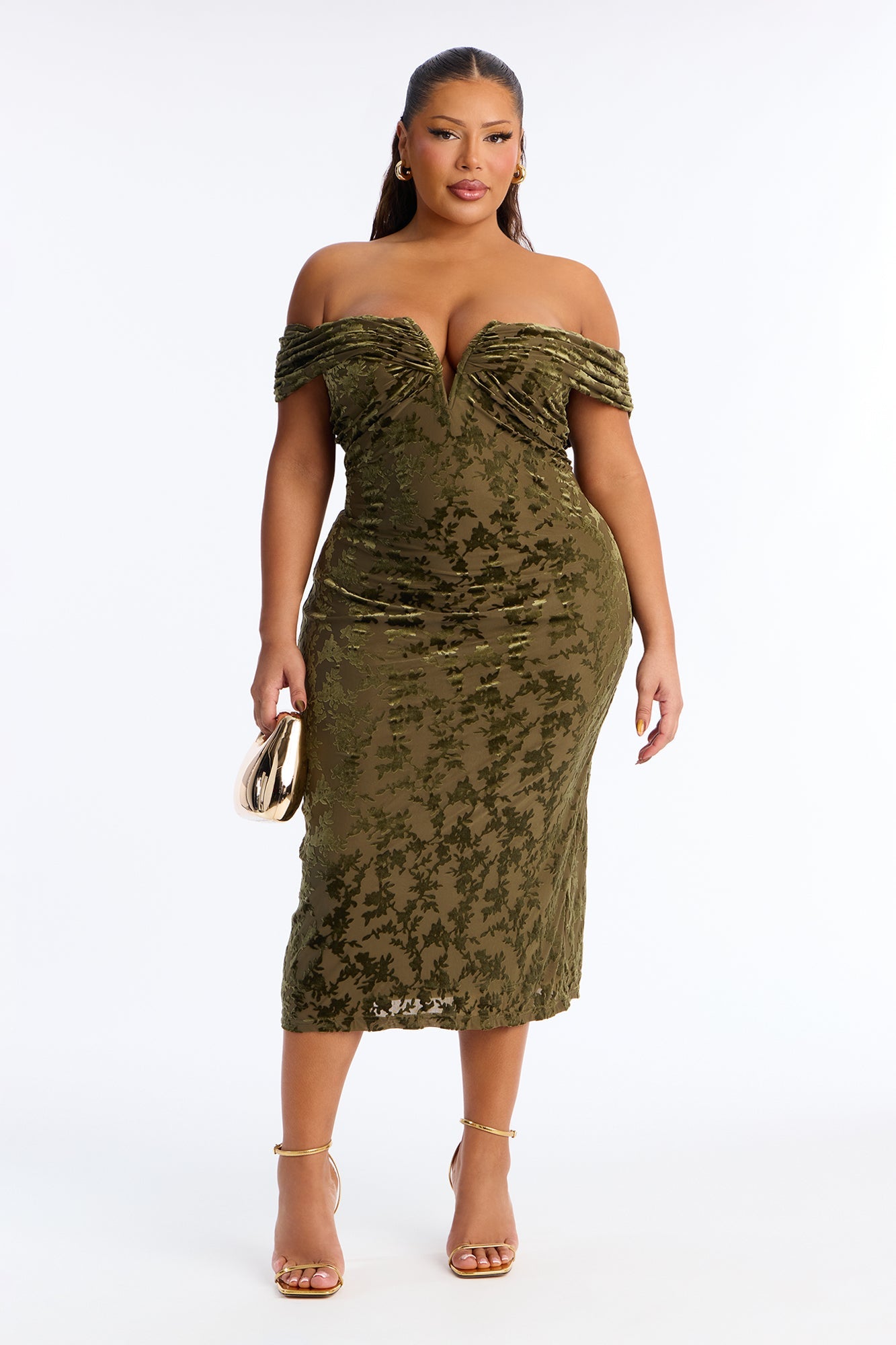 Milena Flocked Mesh Midi Dress - Olive