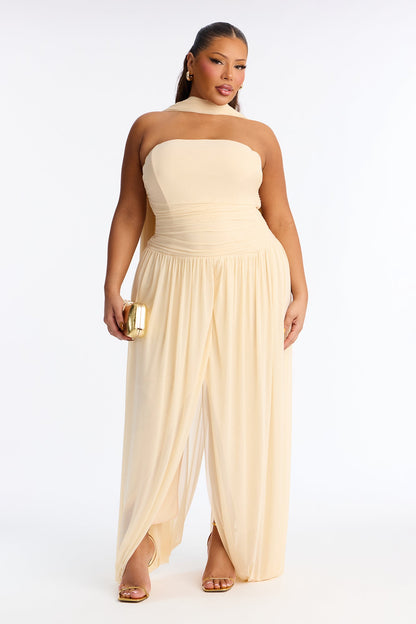 Maeve Corset Draped Mesh Gown - Cream