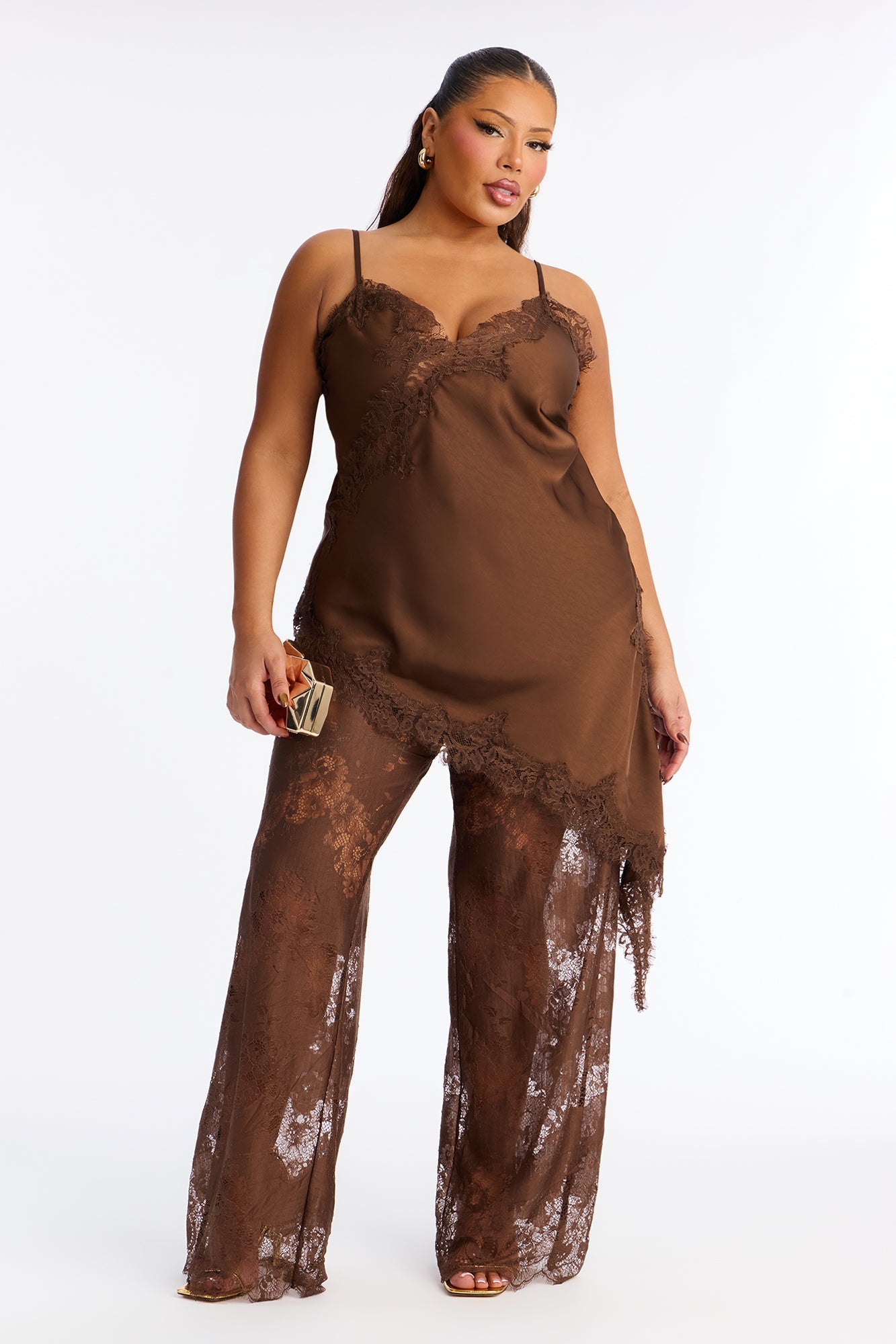 Yasmin Satin Lace Pant Set - Brown