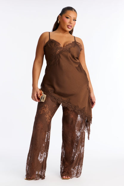 Yasmin Satin Lace Pant Set - Brown