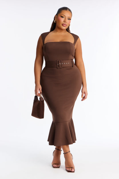 Heather Belted Mermaid Midi Dress - Chocolate