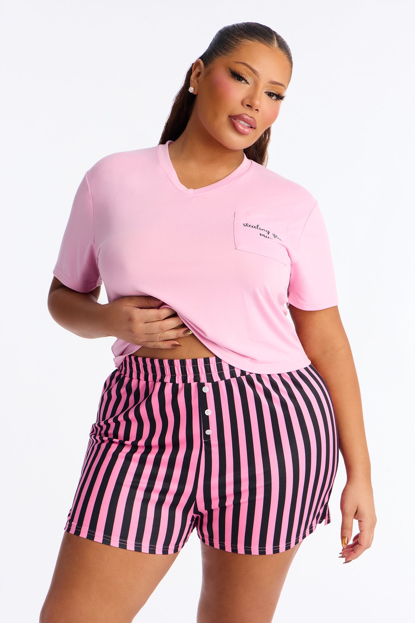 Stealing Your Man Short Sleeve PJ Boxer Short Set - Black/Pink
