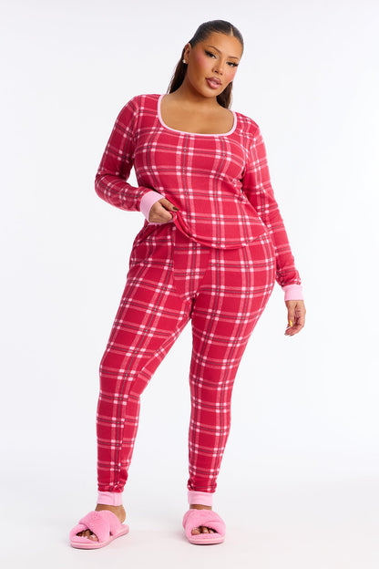Cozy Cuddles Waffle Long Sleeve PJ Pant Set - Red/combo