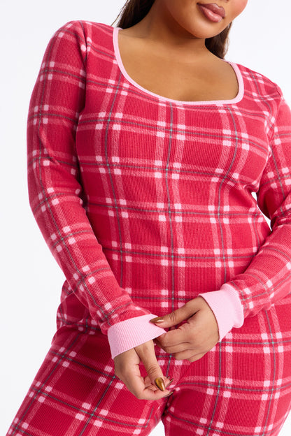 Cozy Cuddles Waffle Long Sleeve PJ Pant Set - Red/combo