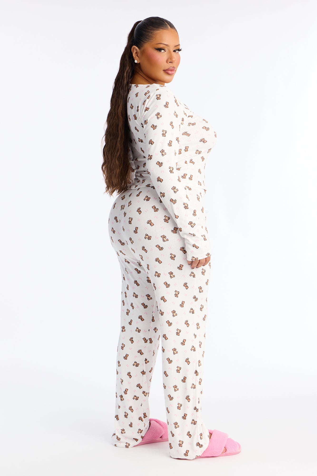 Cuddle Me Teddy Pointelle Long Sleeve PJ Pant Set - White/combo