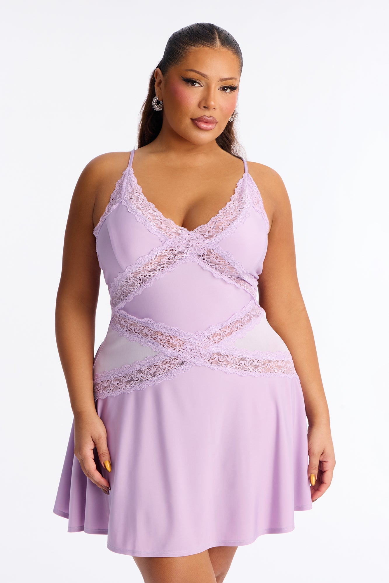Soft Girl Era Lace Trim Mini Dress - Lavender