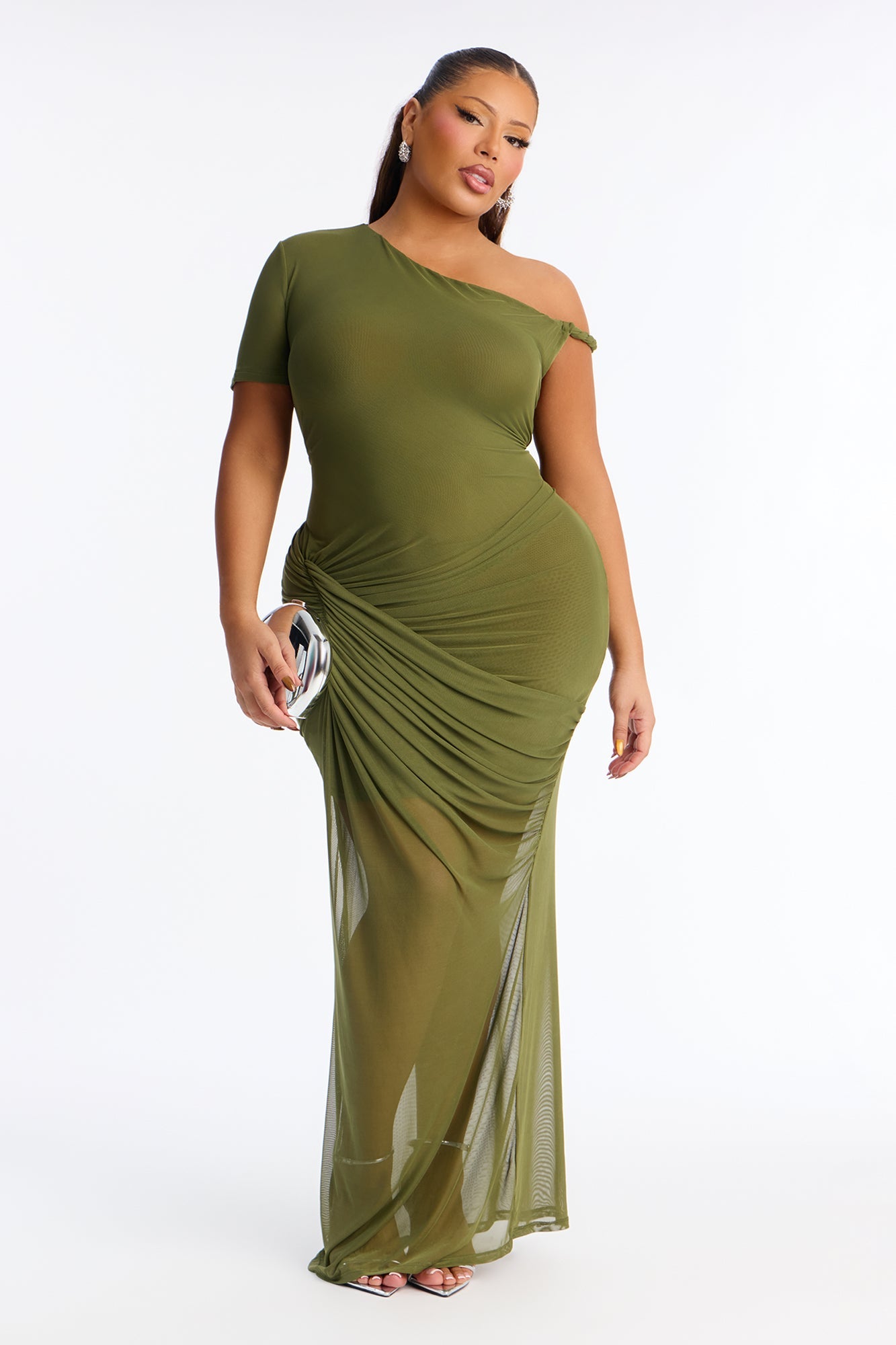 Skylar Asymmetrical Mesh Maxi Dress - Olive